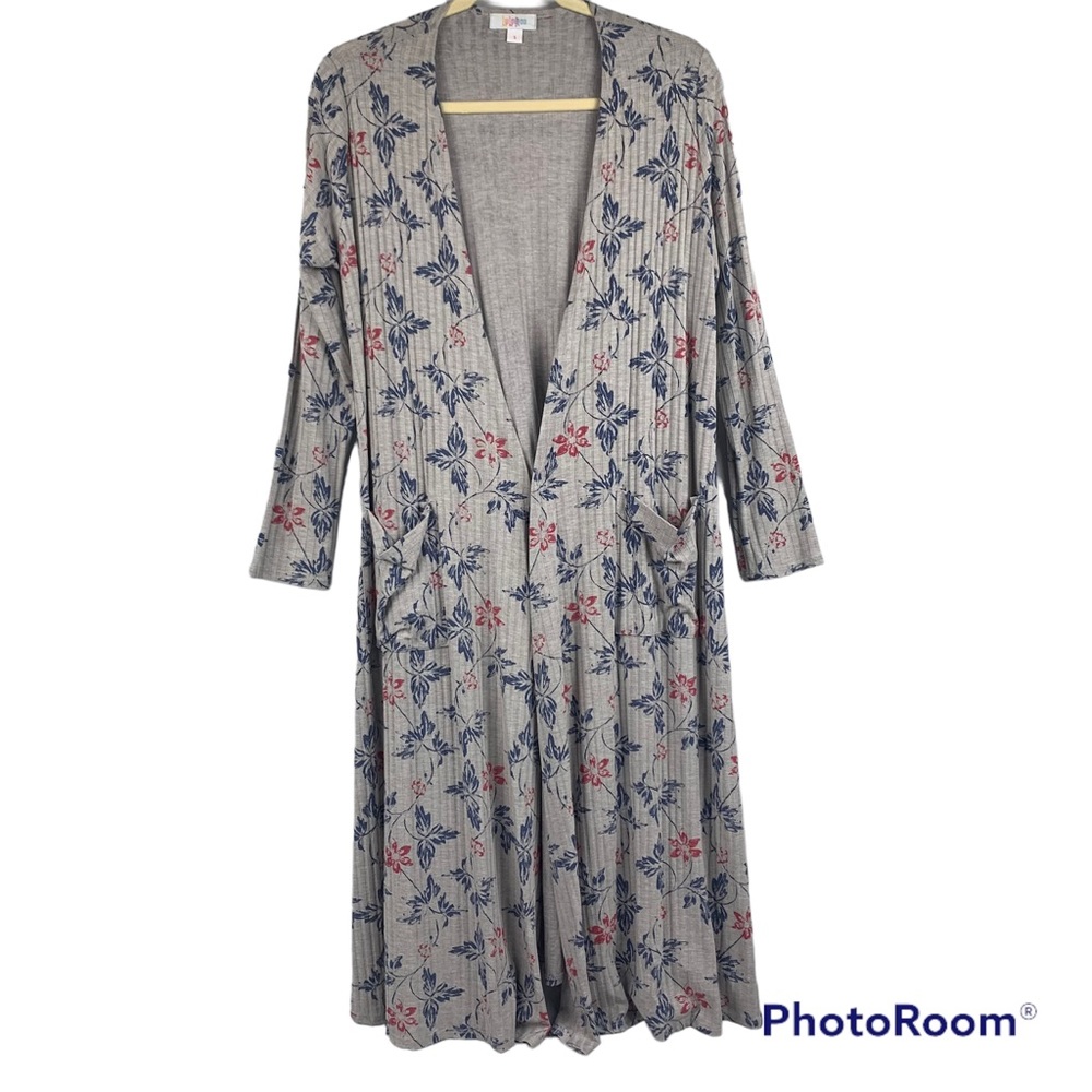 LuLaRoe Sarah Cardigan Open Front Long Duster Gray Blue Red Size Small NWT USA